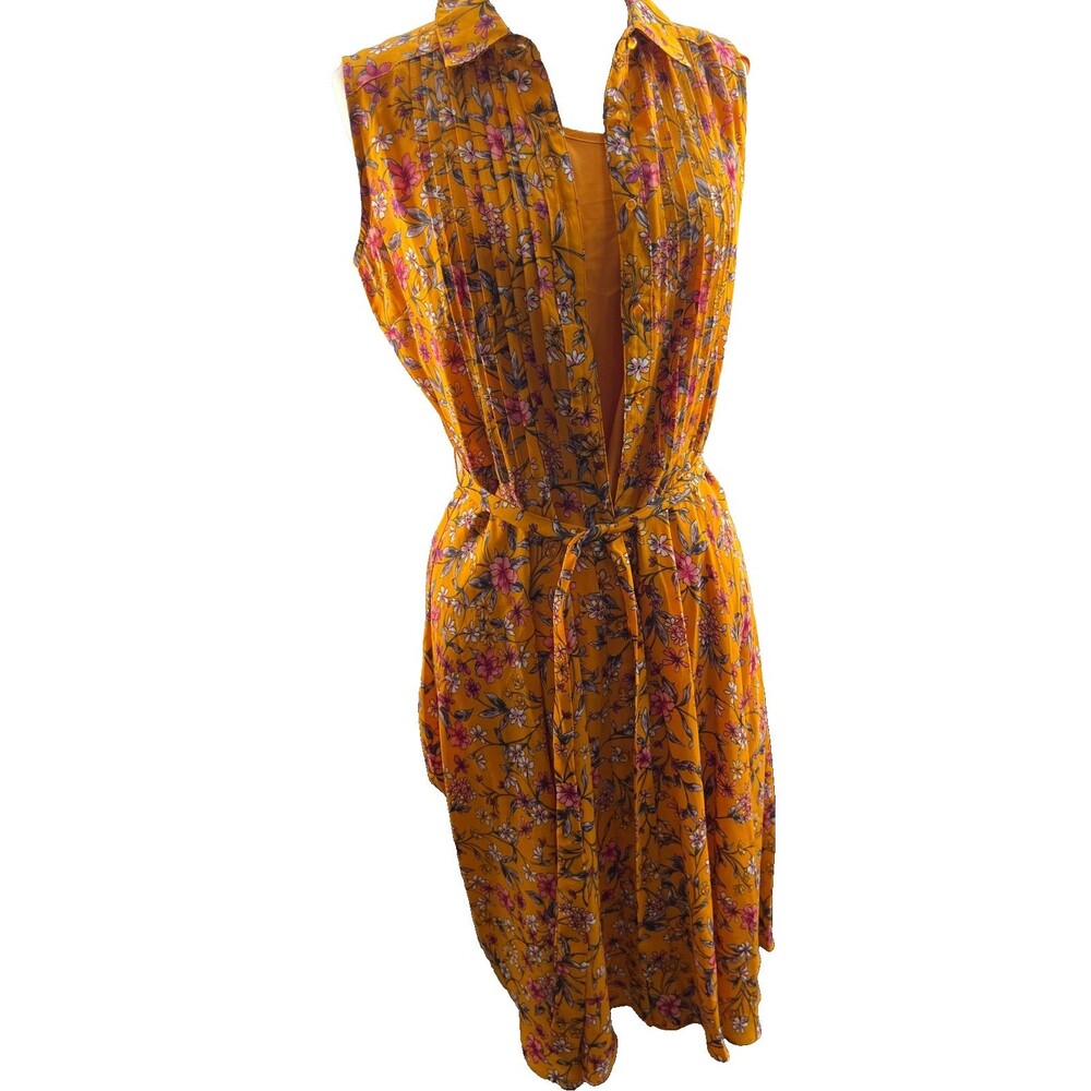 Nanette Lepore Mustard Floral Midi Dress 2 Print Accordion Pleat Button Up